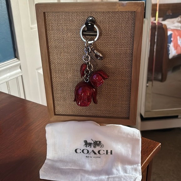 Coach Tea Rose Key Chain/Bag Charm—Silver and Red - Picture 1 of 8